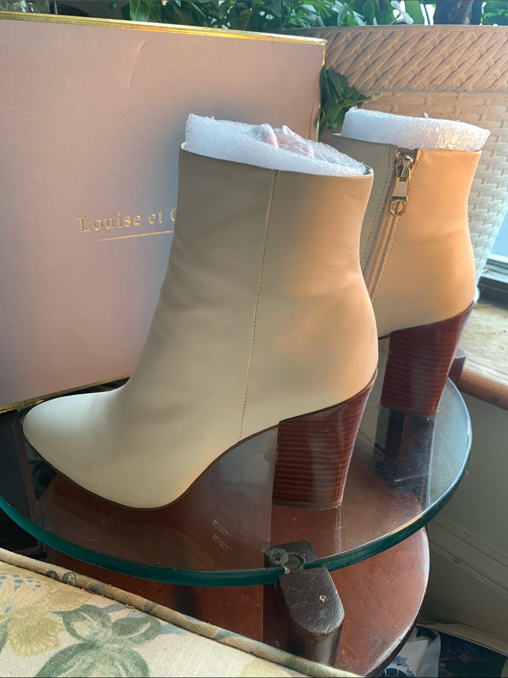 Louise et Cie Cream Leather Ankle Booties with Stacked Wood Heel